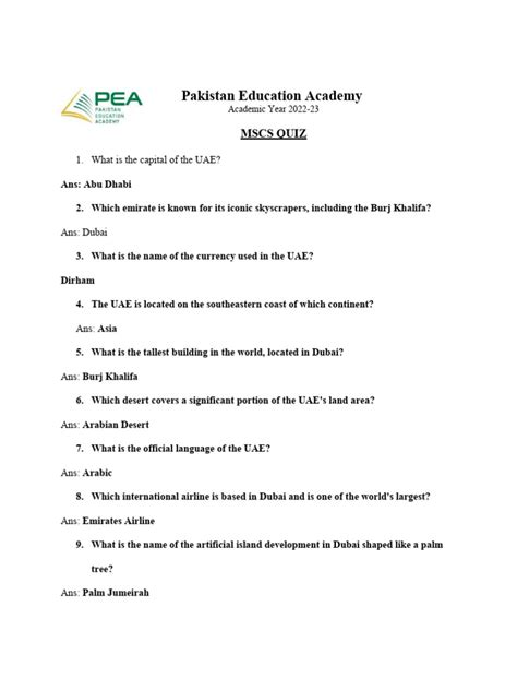 Uae Quiz 2023 Pdf United Arab Emirates Dubai