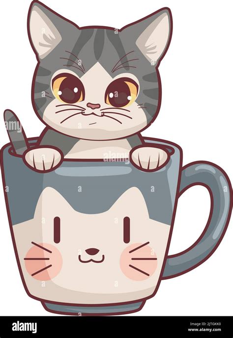 Cute Cat In Cup Anime Style Stock Vector Image Art Alamy