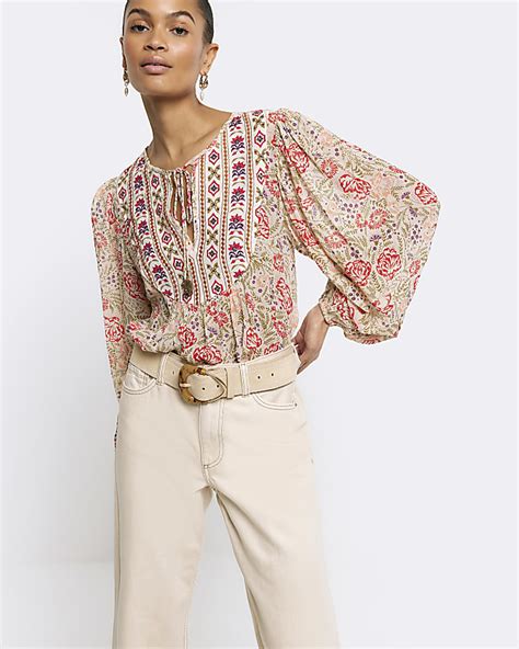 Cream Floral Embroidered Smock Top River Island