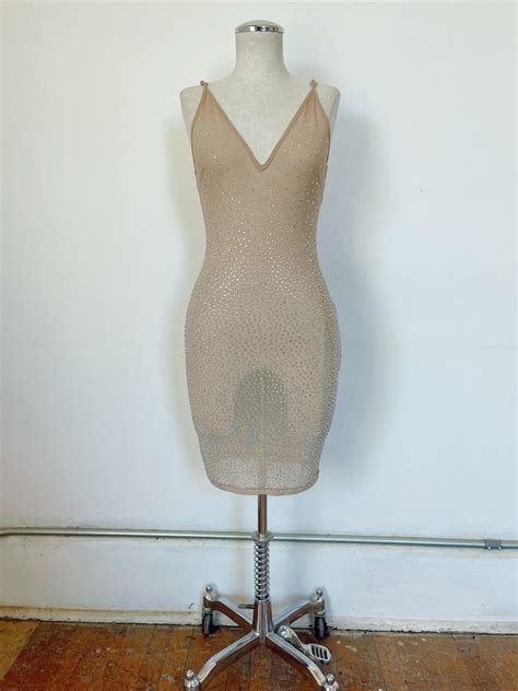 Y K Era Nude Rhinestone Semi Sheer Spaghetti Strap Dress Size Small Medium Etsy