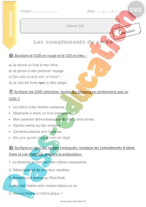 Complément d objet COI COD COS CM2 Cycle 3 Exercice évaluation