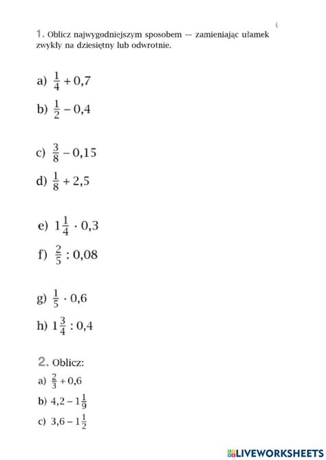 Ułamki Zwykłe I Dziesiętne Worksheet School Subjects Workbook