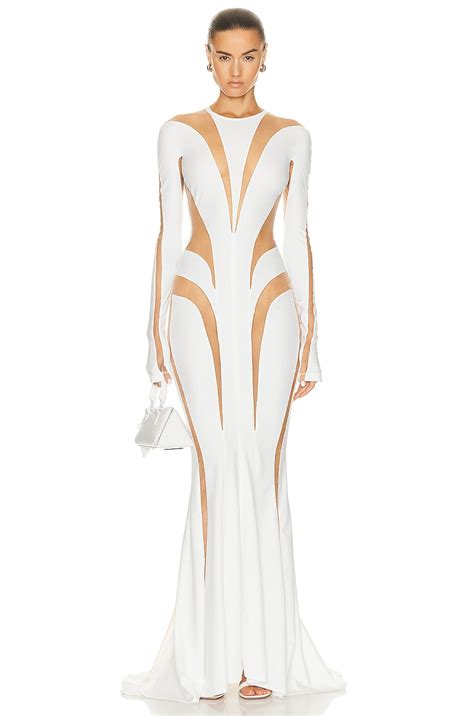 Mugler Spiral Illusion Long Dress In White Nude Fwrd