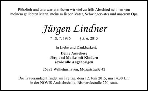 Traueranzeigen Von J Rgen Lindner Nordwest Trauer De