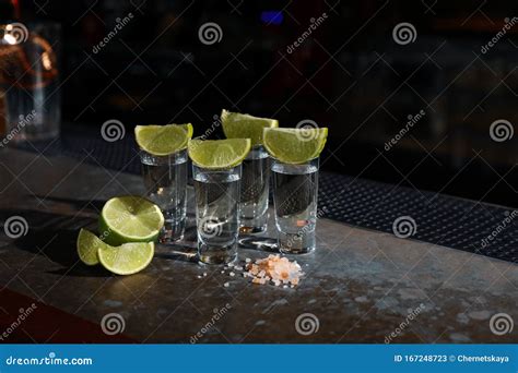 Mexican Tequila Shots Lime Slices And Salt On Counter Stock Image