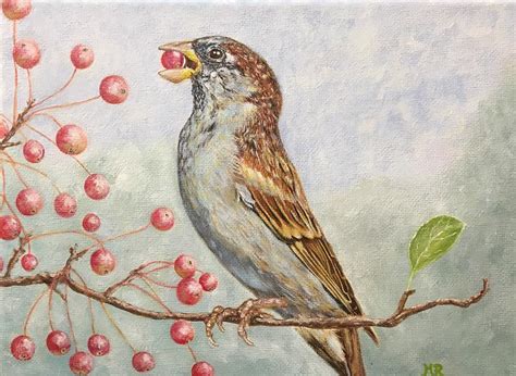 Sparrow Eating Berry Painting By Monique Van Reek Fine Art America