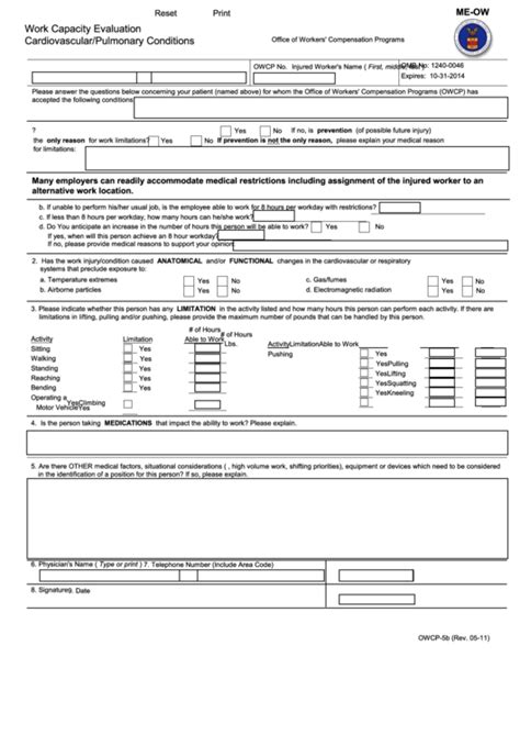 Fillable Form Owcp 5b Work Capacity Evaluation Cardiovascular