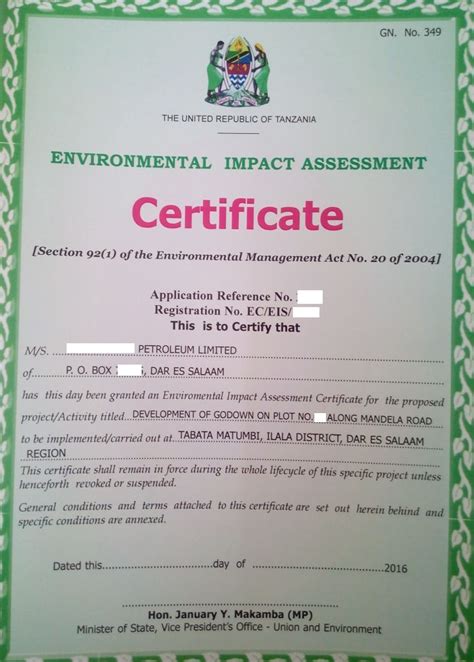 Tanzania Obtain Environmental Assessment Certificate Eia