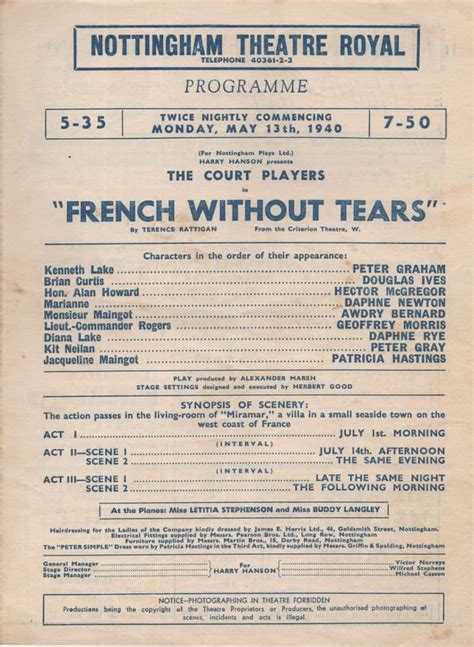 French Without Tears French Play Ww2 1940 Nottingham Theatre Royal Programme