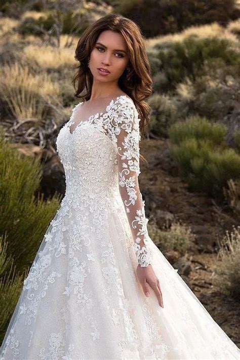 Sheer Long Sleeves Lace A Line Wedding Dresses Tulle Applique Court