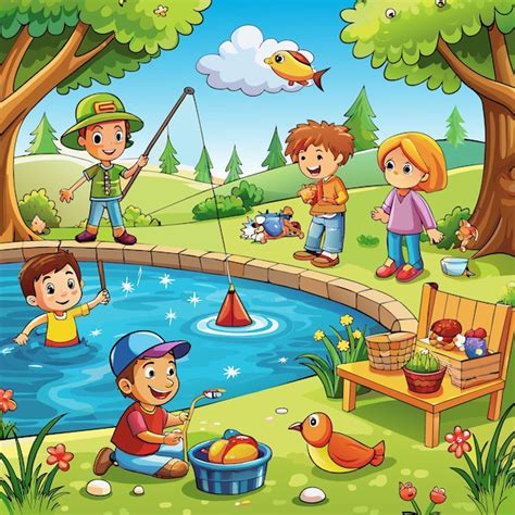 A Cartoon Illustration Of Children Playing In The Water With Ducks And