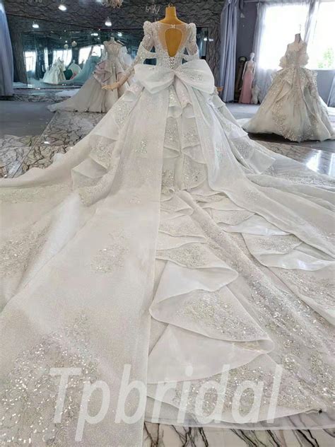 Diamond Wedding Dress Haute Couture Long Sleeve Ball Gown Train