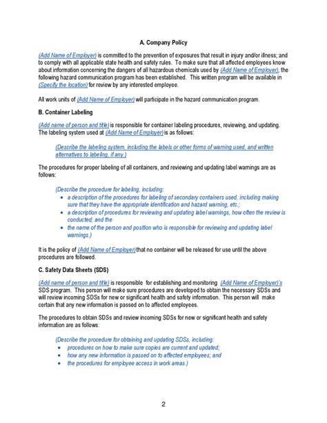 Hazard Communication Program Sample In Word And Pdf Formats Page Of