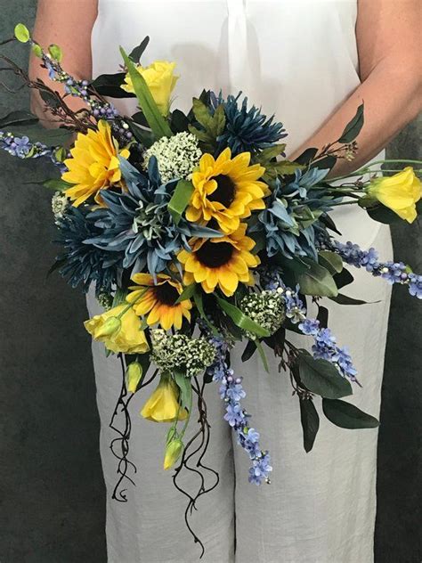 Indigo And Sunflower Silk Cascading Bridal Bouquet Dusky Blue Etsy