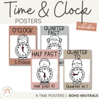 Time Clock Posters Boho Rainbow Editable Neutral Classroom Decor