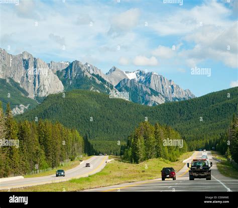 Vehicles on the Trans Canada Highway 1 in Banff National Park Alberta ...