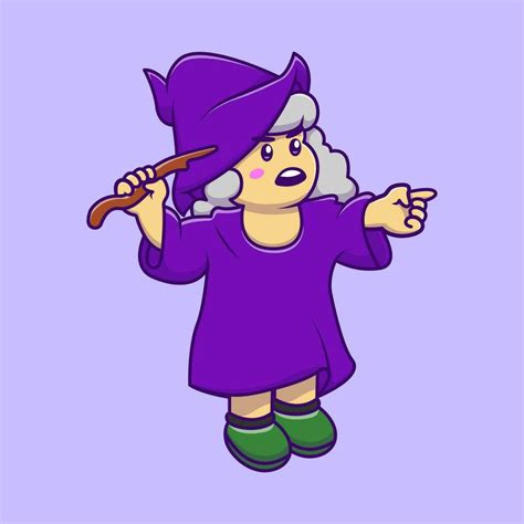 Cute Witch Girl Holding Magic Stick Cartoon Vector Icons Illustration