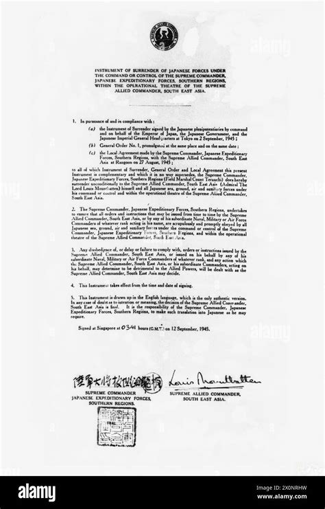 Japanese Surrender At Singapore 12 September 1945 The Instrument Of