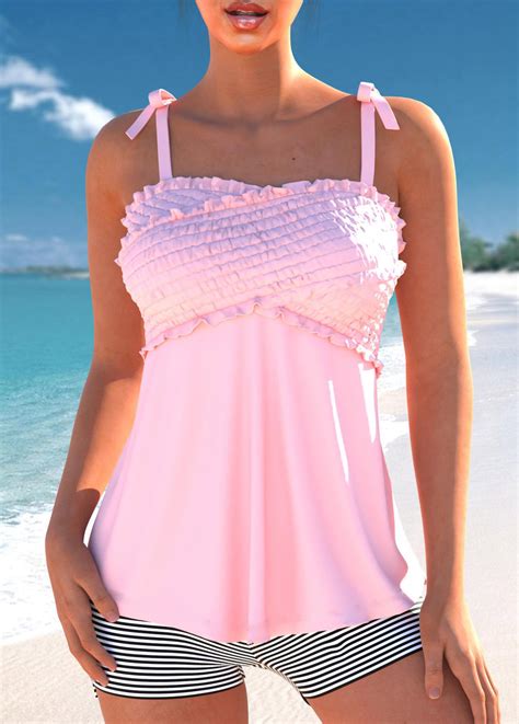 Striped Patchwork Bowknot Pink Tankini Set Rosewe Usd