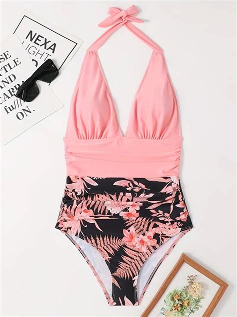 Pink Floral Print Halter One Piece Swimsuit