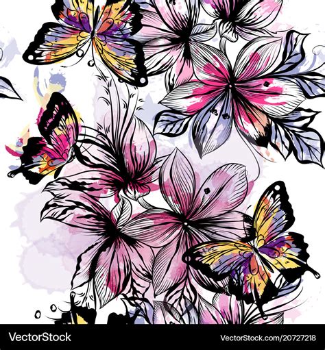 Floral Seamless Wallpaper Pattern With Butterflies