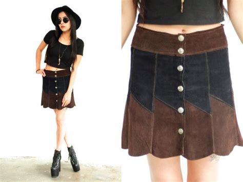 Vintage 70s Suede High Waist Button Two Tone Mini Skirt Etsy High Waisted Mini Skirts