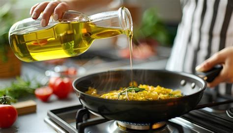 Woman Pouring Cooking Oil From Bottle Into Frying Pan On Stove Closeup