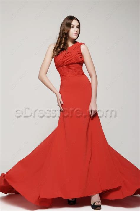 One Shoulder Red Prom Dresses Long With Train Edresstore