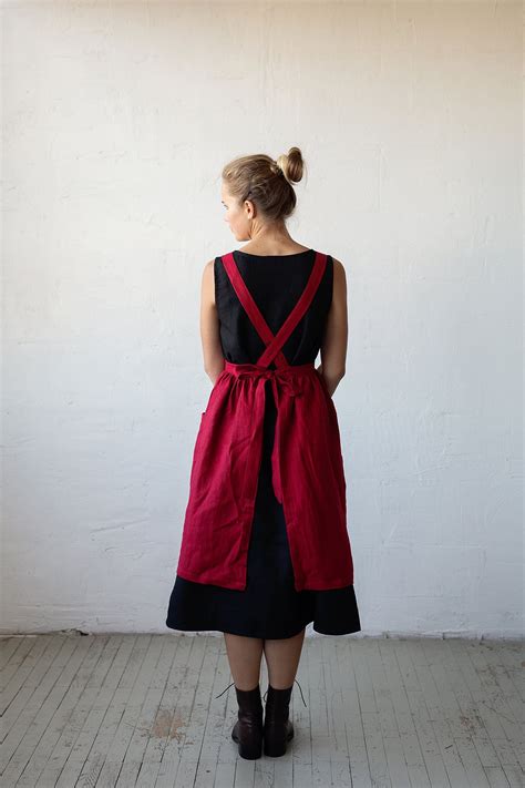 Cherry Midi Cross Back Pinafore Linen Pinafore Linen Apron Cooking