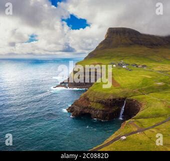 Aerial Drone View Of Gasadalur Village And Mulafossur Its Iconic