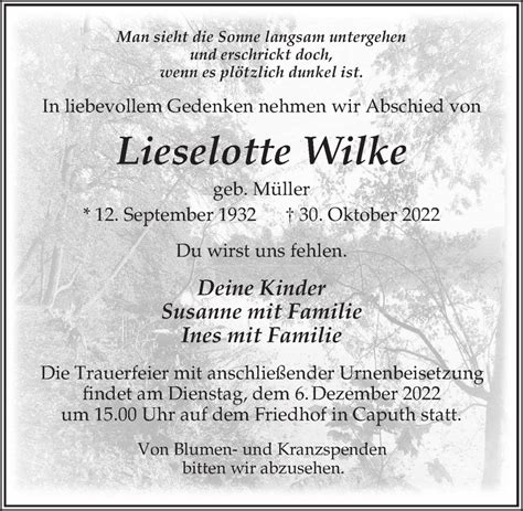 Traueranzeigen Von Lieselotte Wilke Trauer Anzeigen De