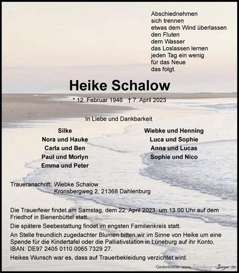 Traueranzeigen von Heike Schalow Trauer Lüneburg de