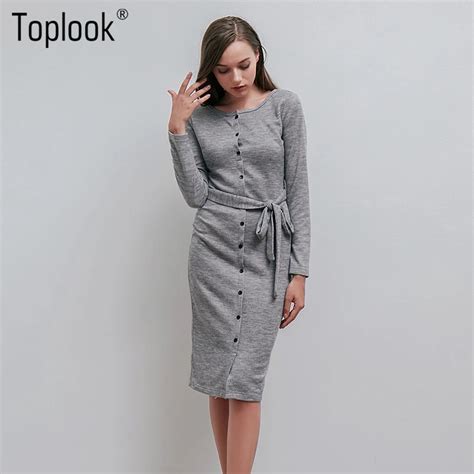 Toplook Knitted Belt Sweater Dress Womens Winter Autumn Grey Basic