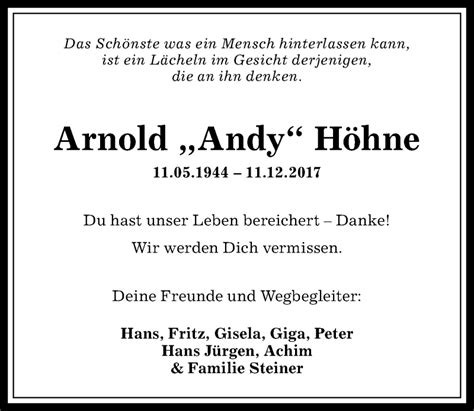 Traueranzeigen Von Arnold H Hne Allg Uer Zeitung