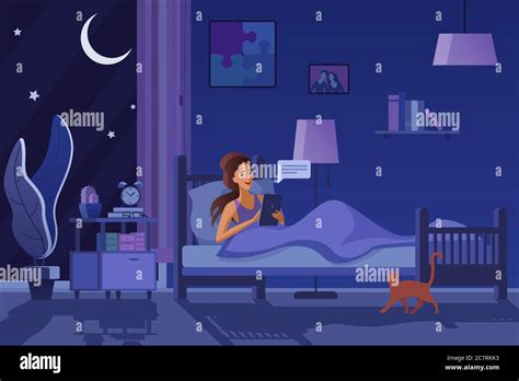 Mujer Joven Texting En La Noche Plano Vector Ilustraci N Chica En Cama