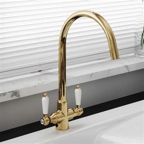 Astini Colonial English Gold And White Ceramic Handle Kitchen Sink Mixer Tap