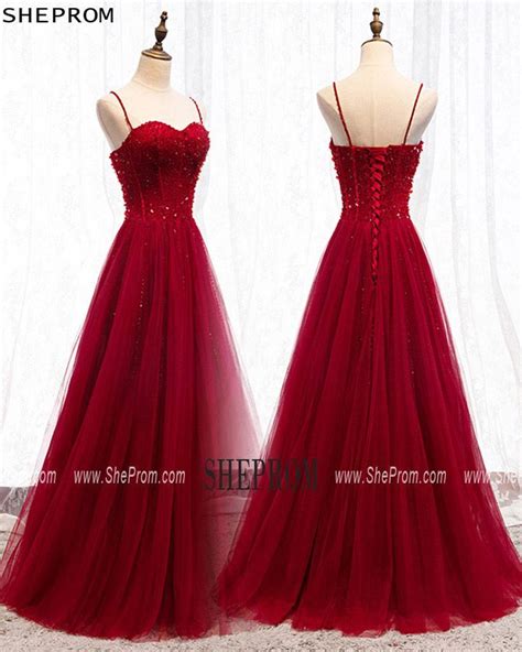 Aline Long Tulle Burgundy Evening Dress With Spaghetti Straps