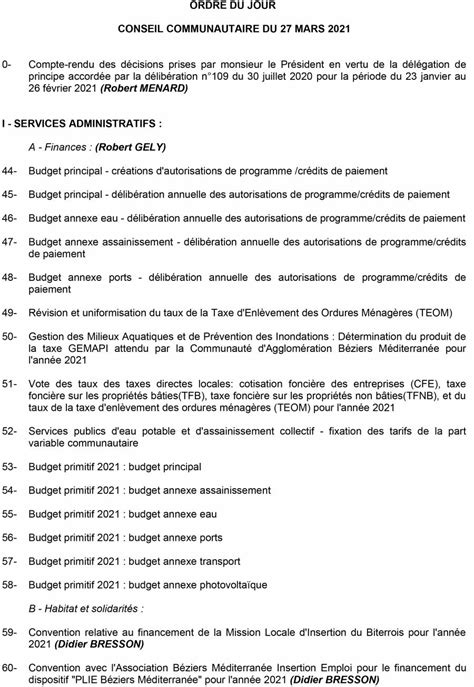 B Ziers L Ordre Du Jour Du Prochain Conseil Communautaire De L