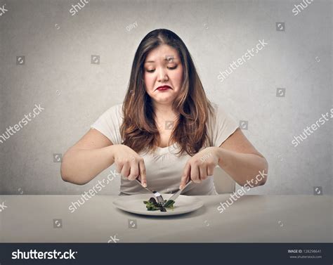 Sad Fat Woman Eating Salad Stock Photo 128298641 | Shutterstock