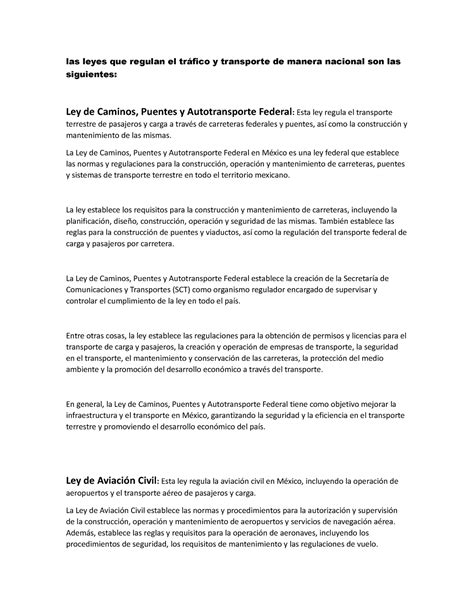 Las leyes que regulan el tráfico y transporte de manera nacional son