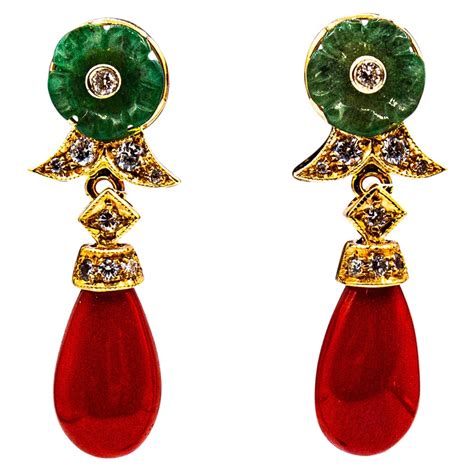 Art Nouveau Style Mediterranean Red Coral Enamel Yellow Gold Stud Drop