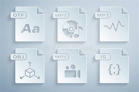 Set Mov File Document Mp Obj Js And Otf Icon Vector Stock