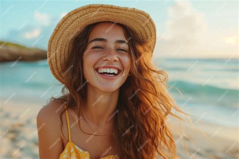 Premium Photo Portrait Of Beautiful Woman Wearing Straw Hat At Beach And Looking At Camera