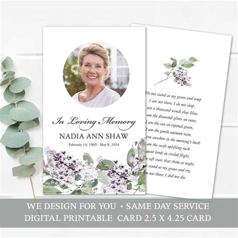 Custom Mass Card Printable Template For Funerals Photo Lilac