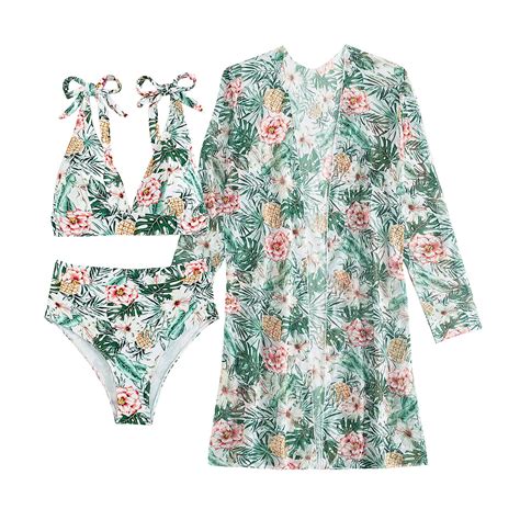 Women S Print Triangle Halter Bikini Bathing Suit With Cover Up Piece