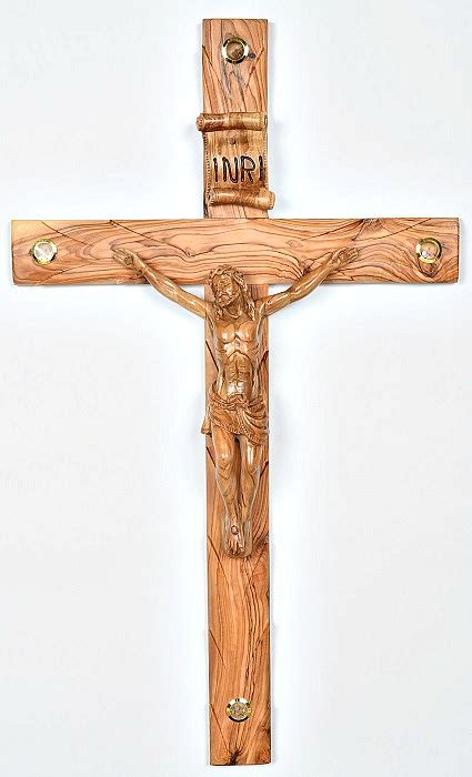 Large 30 Inch Hand Carved Wall Crucifix With 4 Holy Land Articles