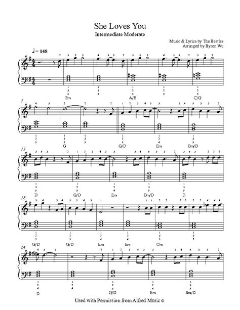 She Loves You By The Beatles Piano Sheet Music Intermediate Level