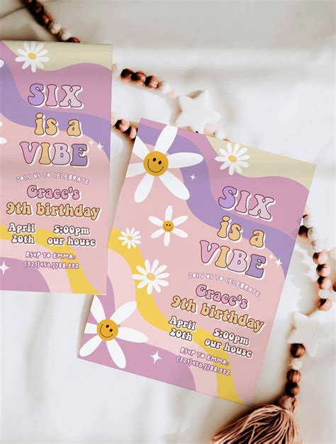 Editable Six Is A Vibe Groovy Birthday Party Invitation Peace Etsy