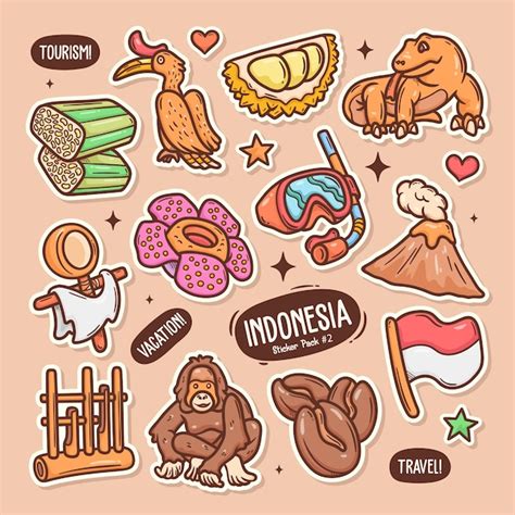 Indonesia lindo doodle vector colección de pegatinas Vector Gratis