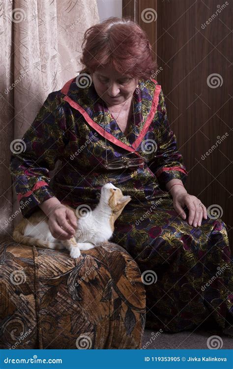 Old Woman With A Cat In Her Home Stock Image Image Of Grandmother